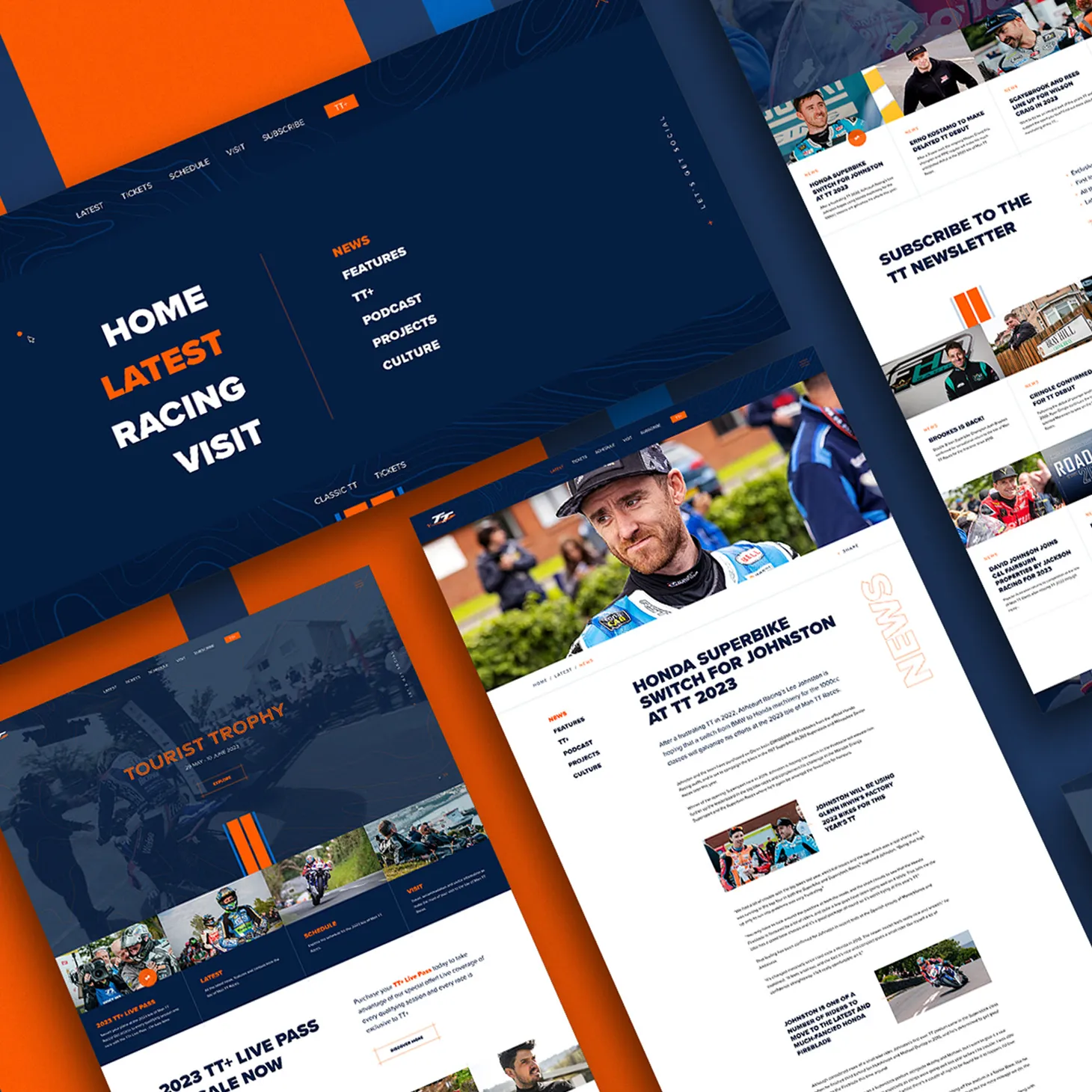 Desktop screen displaying the Isle of Man TT Tourist Trophy website showing the homepage with navigation menu including Home, Latest, Racing and Visit sections and race photography